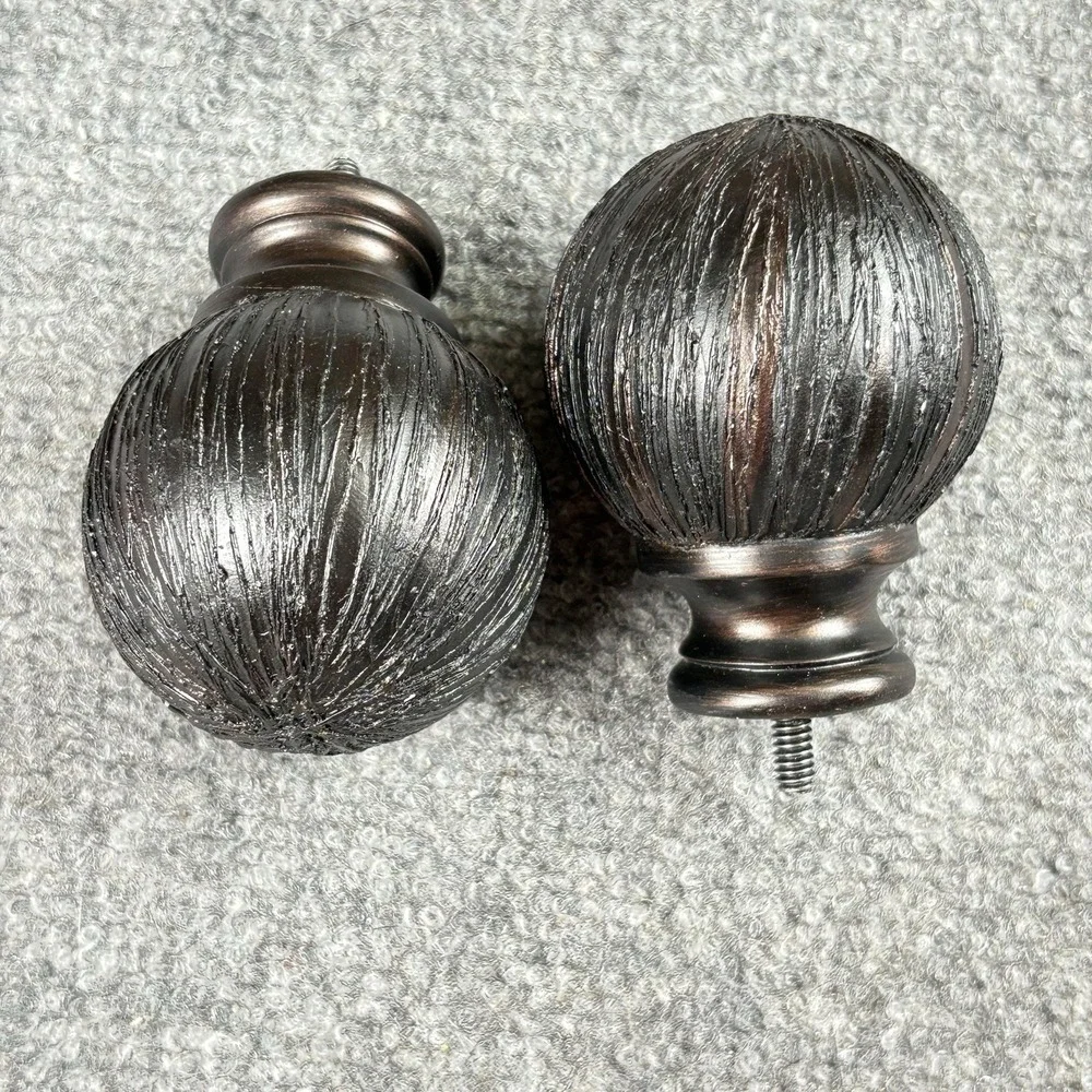 90s Ball-Shaped Curtain Rod Finials Pair of 2 Black Bronze Striated Texture VTG